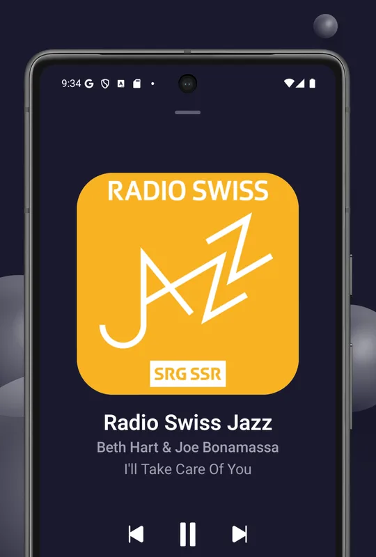 The Radio Compass player showing Radio Swiss Jazz with the live track title below the station logo.