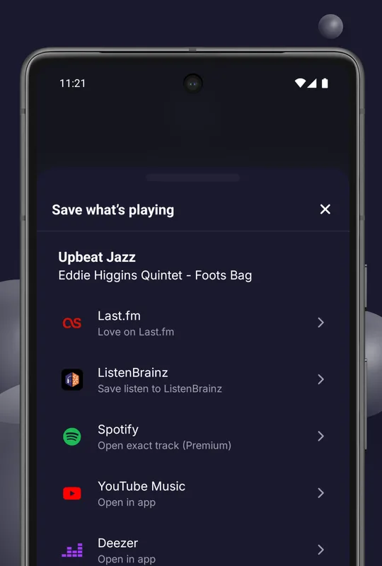 The save sheet listing Last.fm, ListenBrainz, Spotify, YouTube Music and Deezer for the current track.