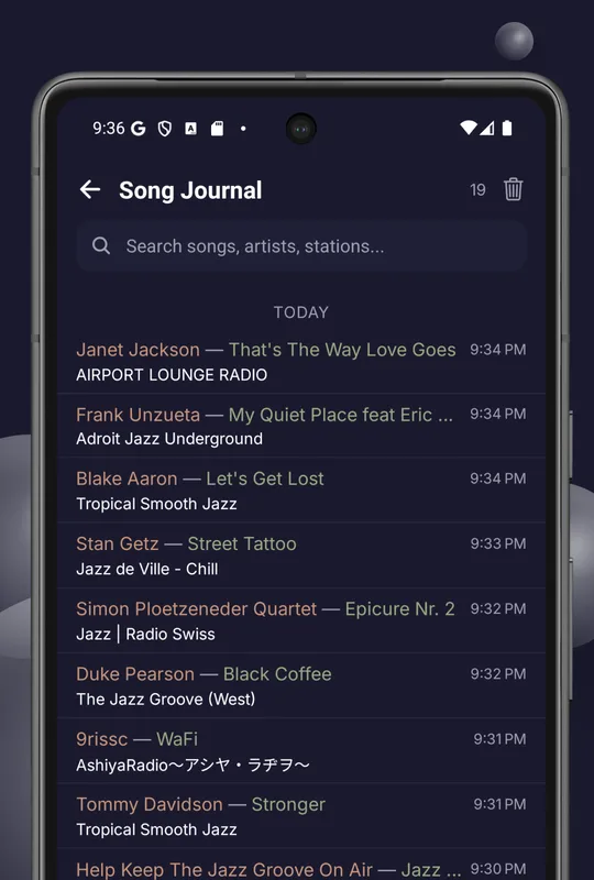 The Song Journal listing tracks heard today with artist, title, station name and time.
