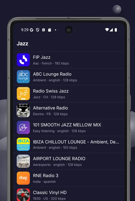 A jazz station list showing logos, genre, language and bitrate for each station.