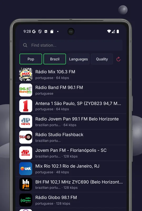 Search results filtered by the Pop and Brazil chips, listing Brazilian pop stations.